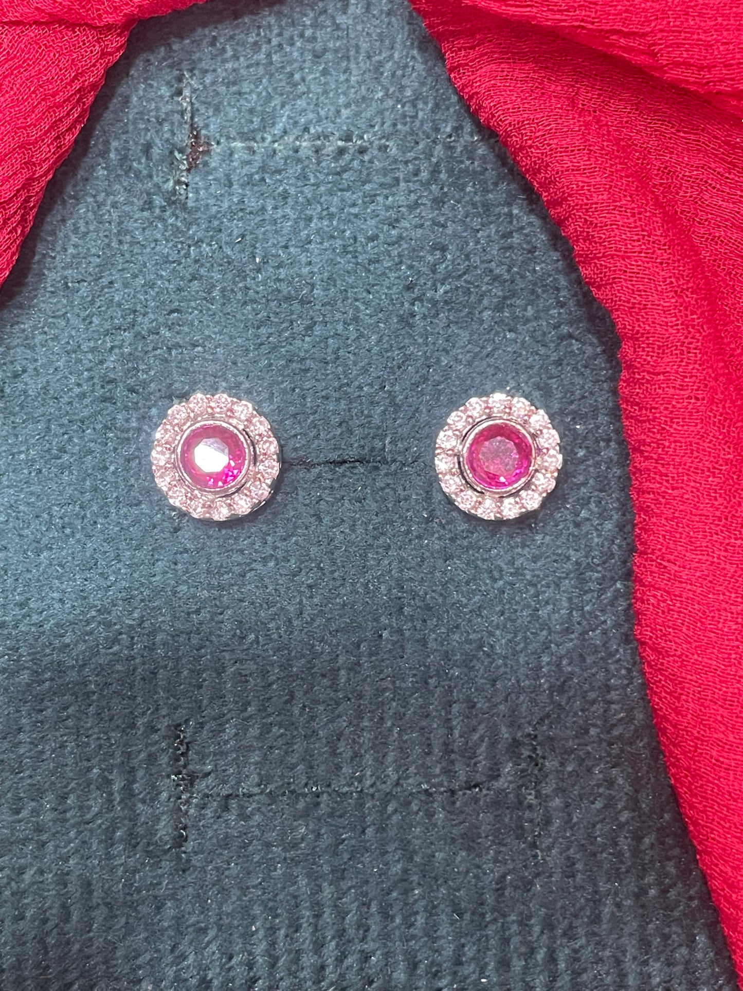 92.5 silver stylish round pink stone earrings