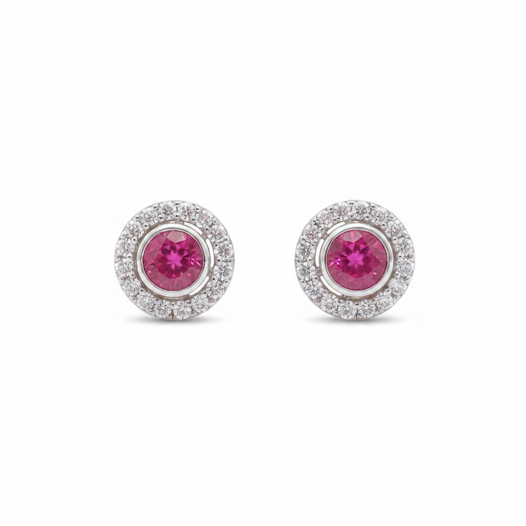92.5 Sterling Silver Earrings for Women | Round Pink Stone with White Stone Halo