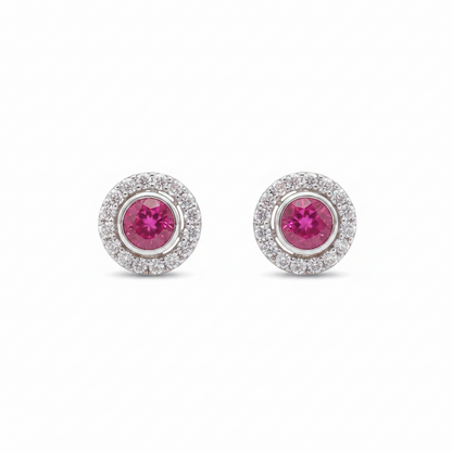 92.5 Sterling Silver Earrings for Women | Round Pink Stone with White Stone Halo