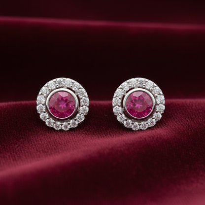 92.5 Sterling Silver Earrings for Women | Round Pink Stone with White Stone Halo