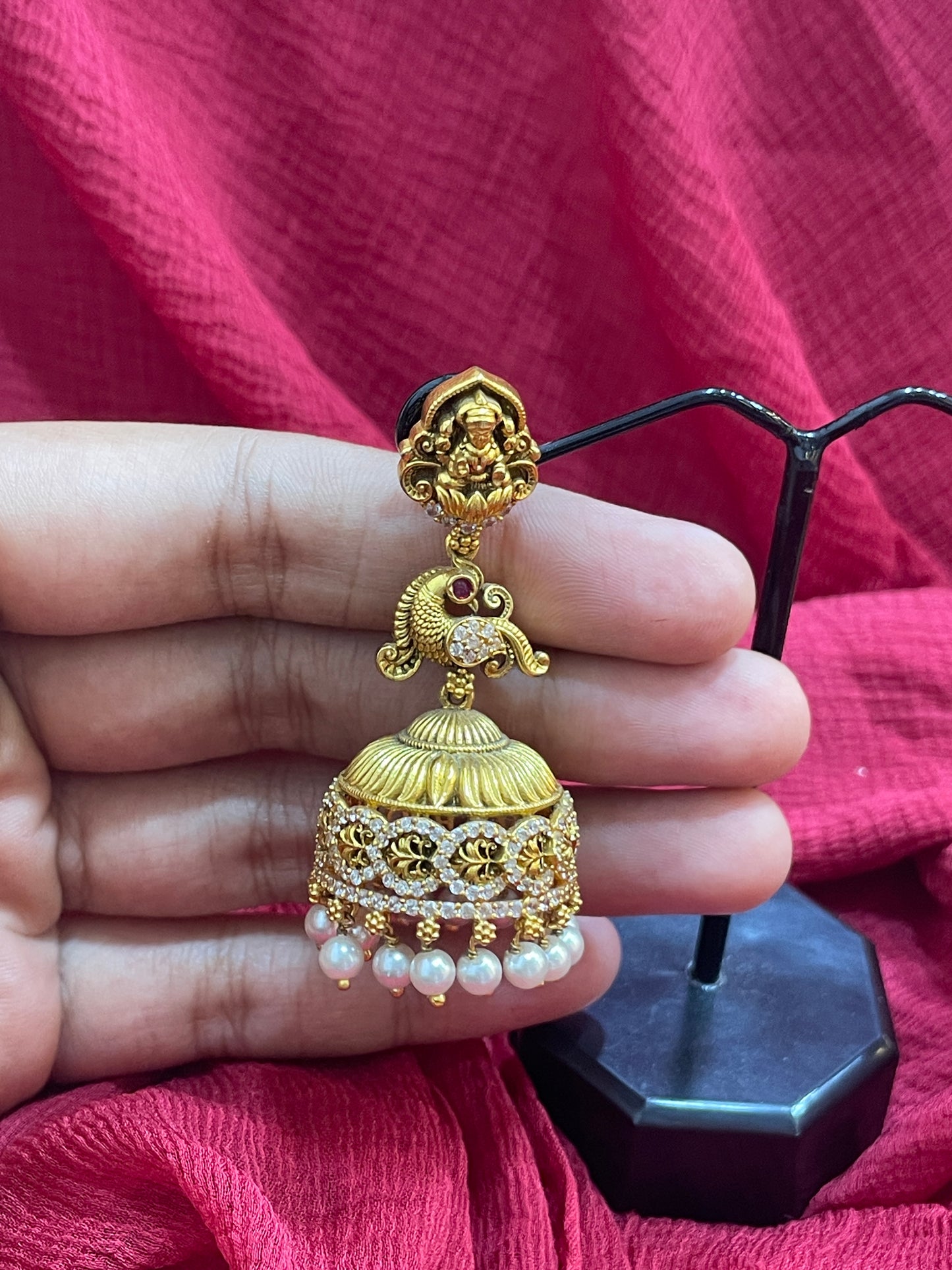 92.5 Silver Gold Plated Lakshmi Devi Earrings for Women | Divine Temple Design | Elegant Traditional Jewellery