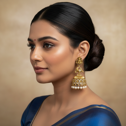 92.5 Silver Gold Plated Lakshmi Devi Earrings for Women | Divine Temple Design | Elegant Traditional Jewellery