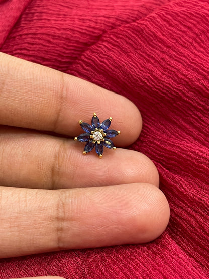 92.5 Silver Gold Plated Blue Flower Nose Pin for Women | Stylish Floral Design | Elegant Jewellery
