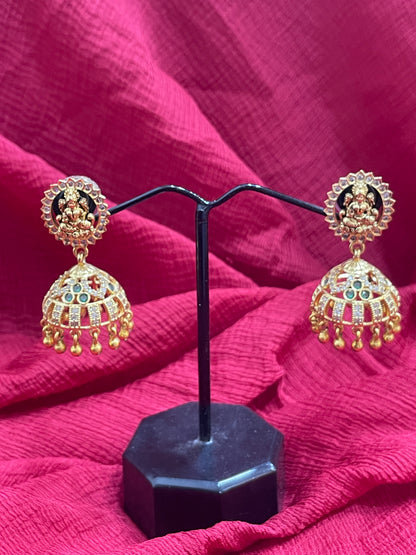 92.5 Silver Gold Plated Lakshmi Devi Jhumka Earrings for Women | Divine Temple Design | Traditional Jewellery