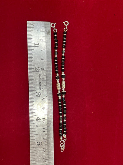 Silver Nazariya Black Bead Anklet for Kids | Set of 2 with CZ Studded Charm