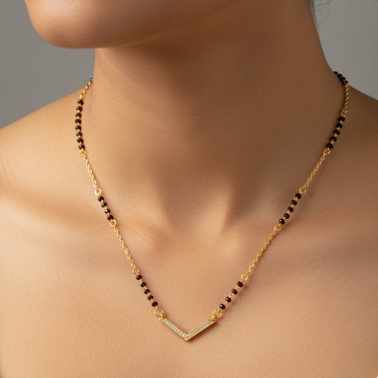 92.5 Silver Gold Plated  V shape black beads chain - 19.5 inches