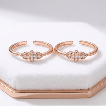 92.5 Silver Rose Gold Plated White CZ Floral Leaf Toe Rings