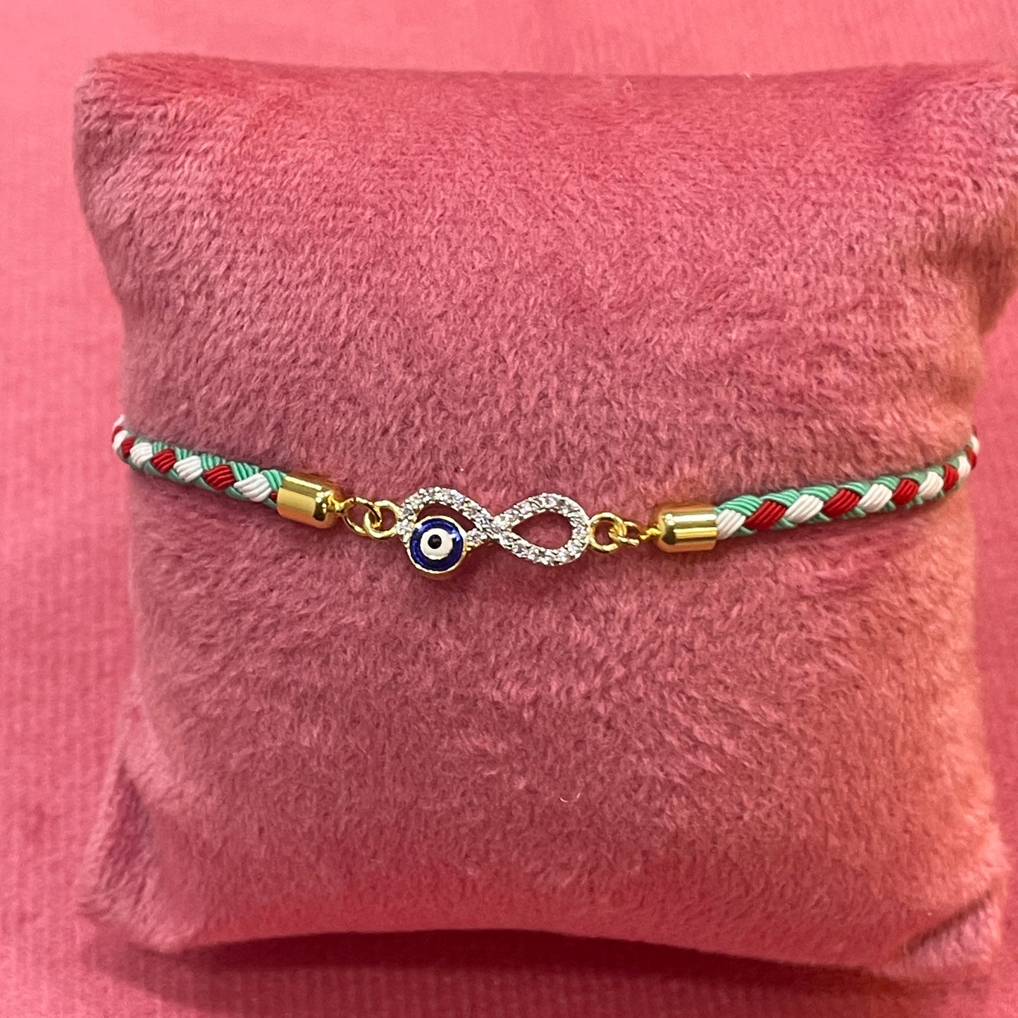 Gold Plated CZ Infinity Evil Eye Bracelet for Women | Multicolour Braided Thread