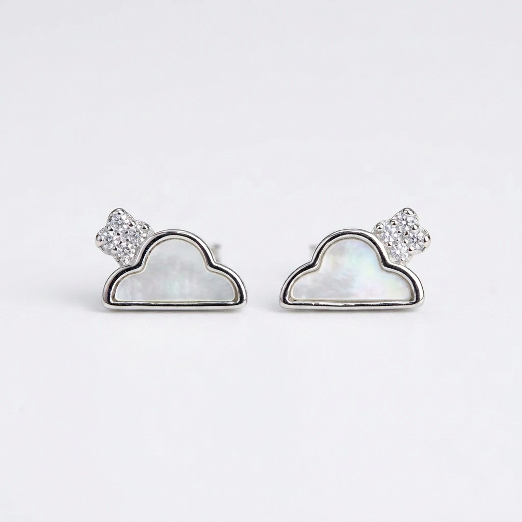 92.5 Silver White Mother-of-Pearl Cloud Stud Earrings Pair