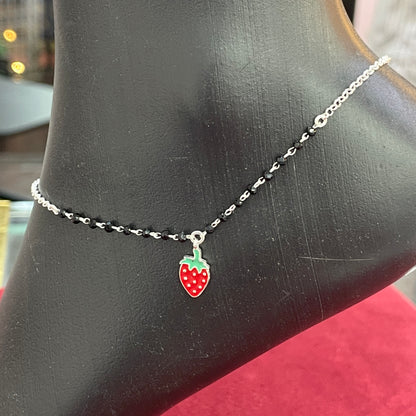 92.5 Silver Black Bead Strawberry Charm Anklet - Single Pc
