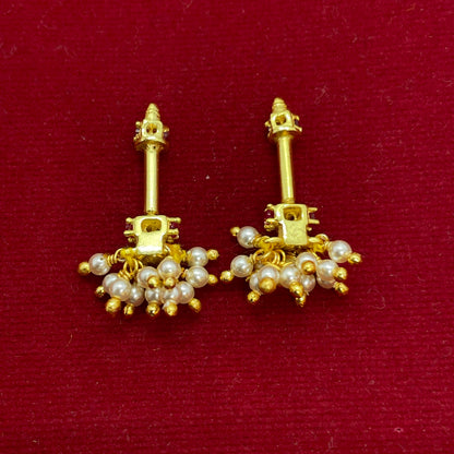 92.5 Sterling Silver Gold Plated Pearl Cluster Mini Ruby Jhumki Bugadi for Women | Ruby CZ Crown with Pearl Dangles | Helix Earring pair
