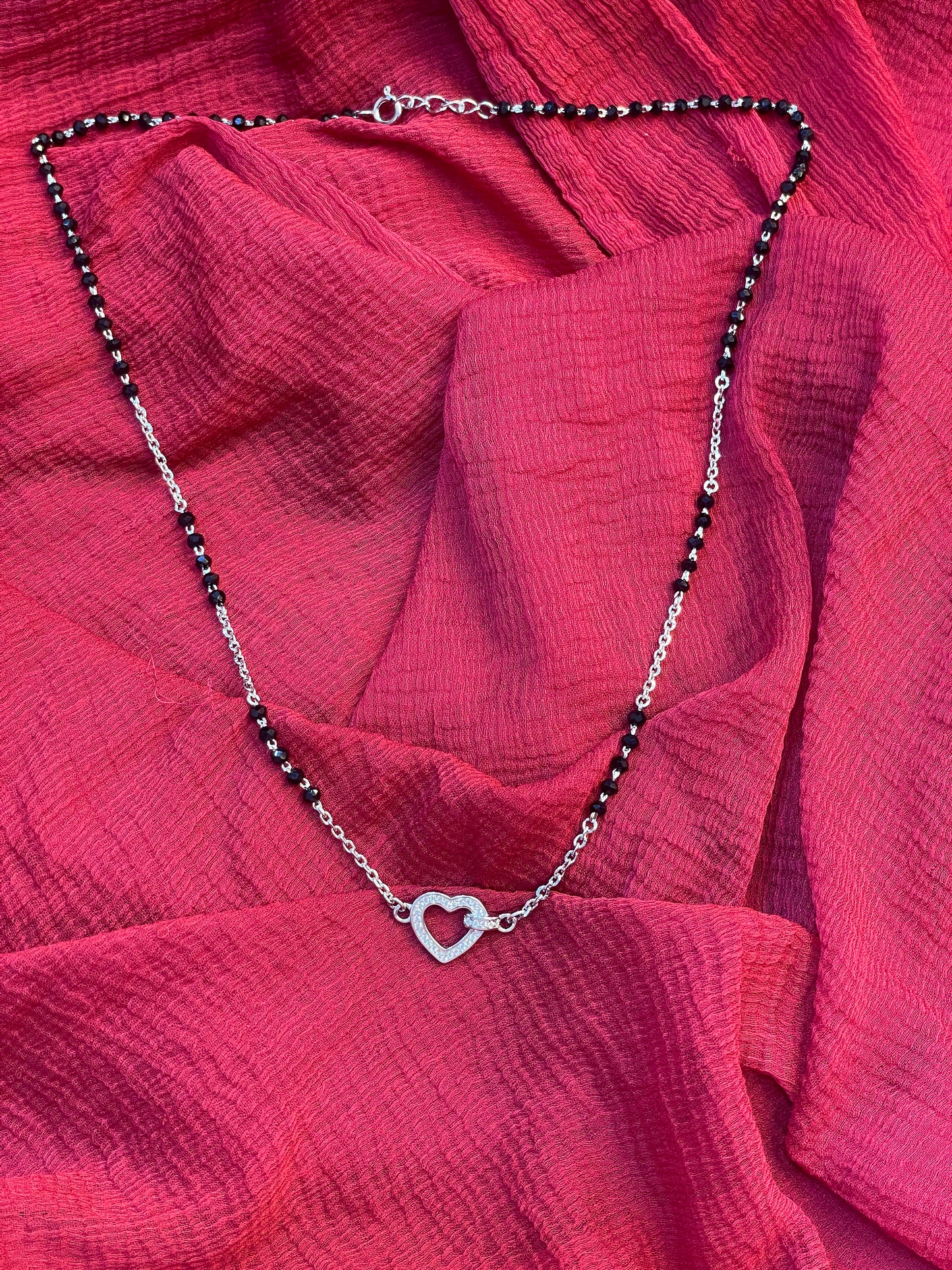 92.5 Silver Minimal Heart Black Bead Chain for Women 18.9 Inches | Stylish Symbol Design | Elegant Jewellery