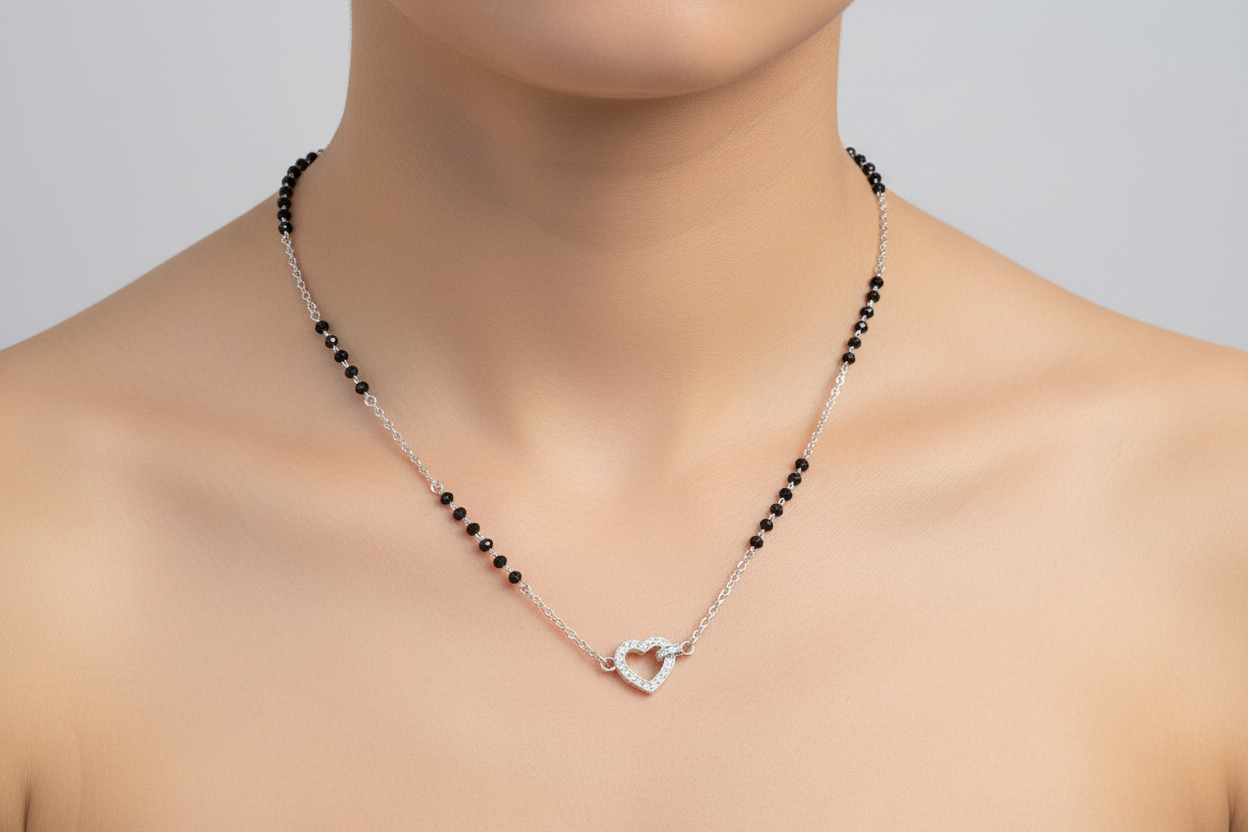 92.5 Silver Minimal Heart Black Bead Chain for Women 18.9 Inches | Stylish Symbol Design | Elegant Jewellery