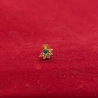 92.5 Sterling Silver Gold Plated Blue CZ Crown Nose Pin