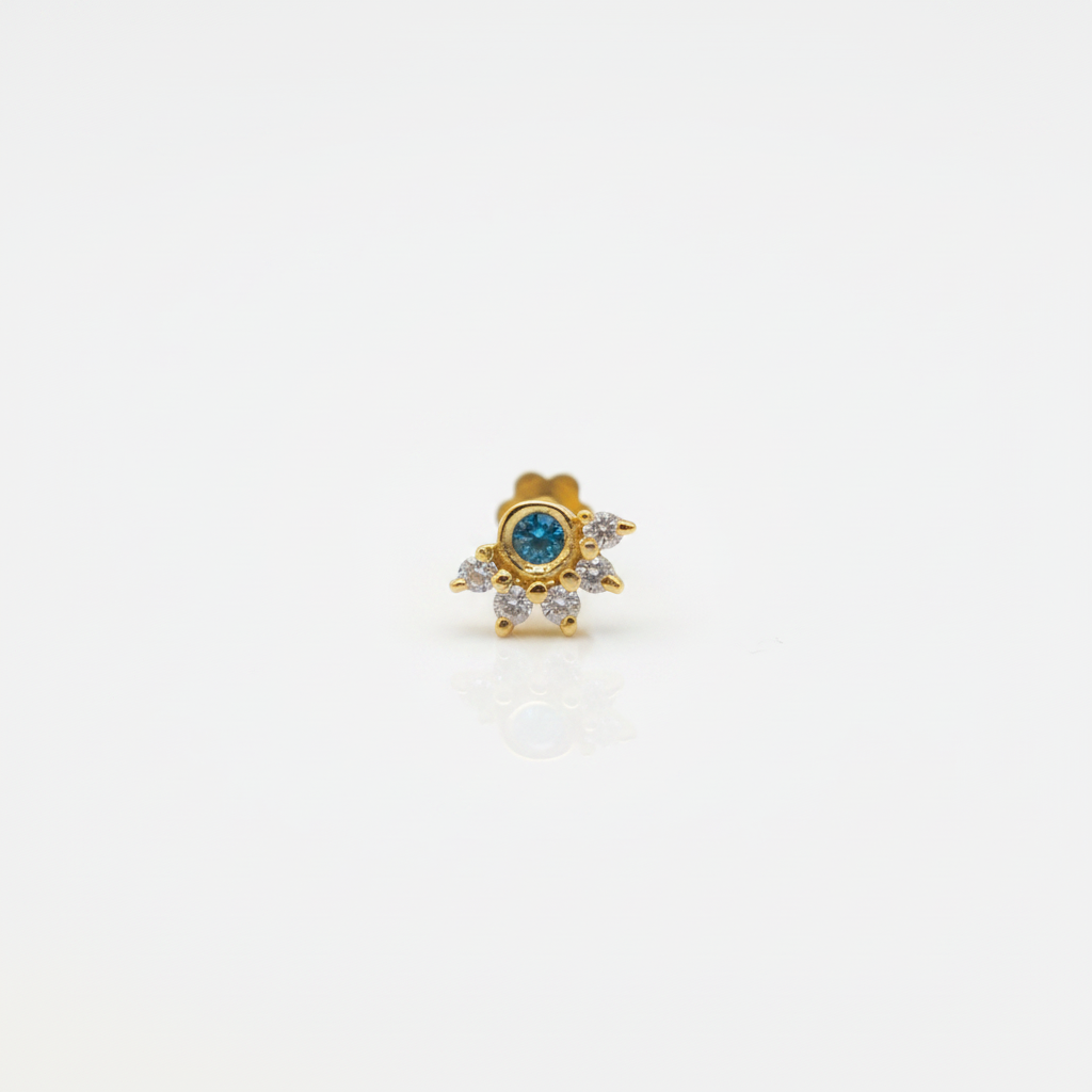 92.5 Sterling Silver Gold Plated Blue CZ Crown Nose Pin