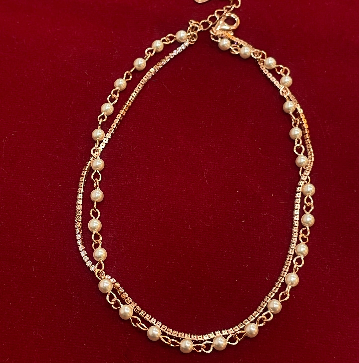 925 Silver Rose Gold Double Layer Pearl & CZ Anklet Pair