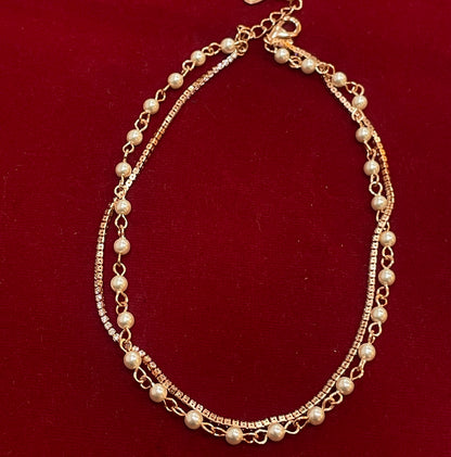 925 Silver Rose Gold Double Layer Pearl & CZ Anklet Pair