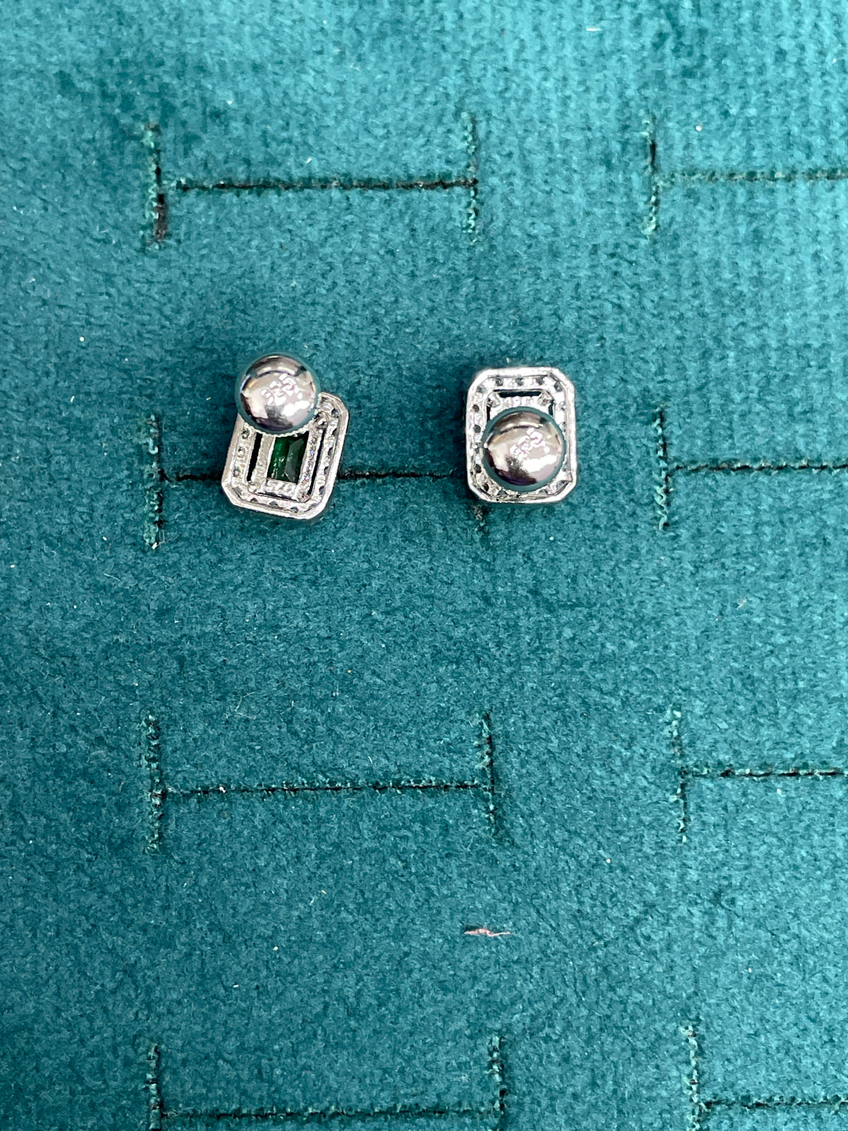 92.5 Sterling Silver Earrings for Women | Rectangular Green Stone with White Stone Halo pair