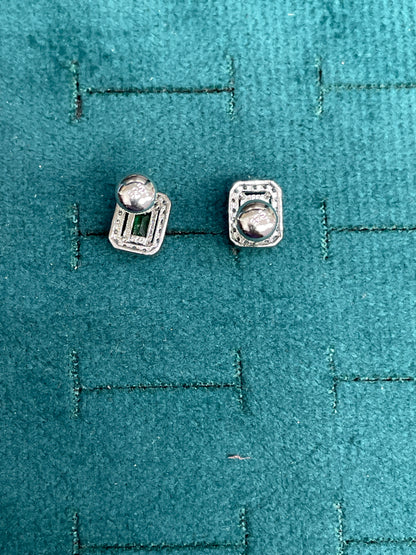 92.5 Sterling Silver Earrings for Women | Rectangular Green Stone with White Stone Halo pair