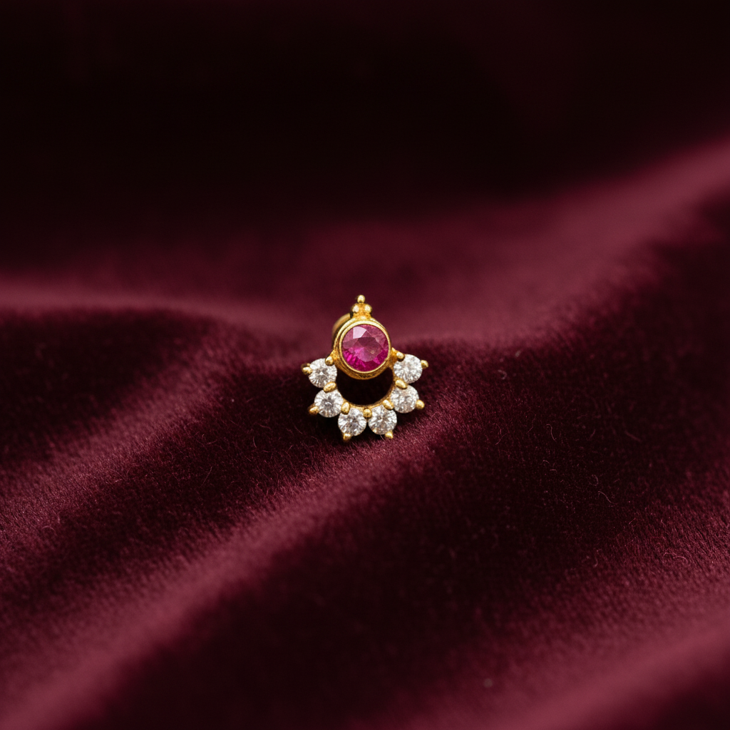 925 Silver Ruby Chandbali Nose Pin (Single Piece) | Stylish Traditional Design | Elegant Jewellery