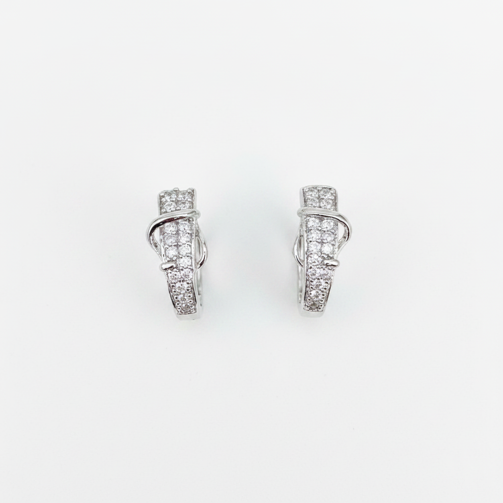 92.5 Sterling Silver Pavé CZ Huggie Hoop J Studs pair