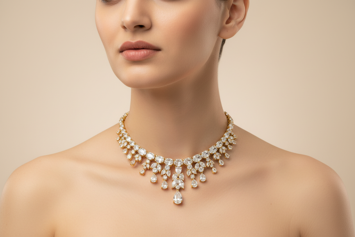 92.5 Silver Gold Plated White Stone Necklace for Women | Stylish Elegant Design | Premium Jewellery