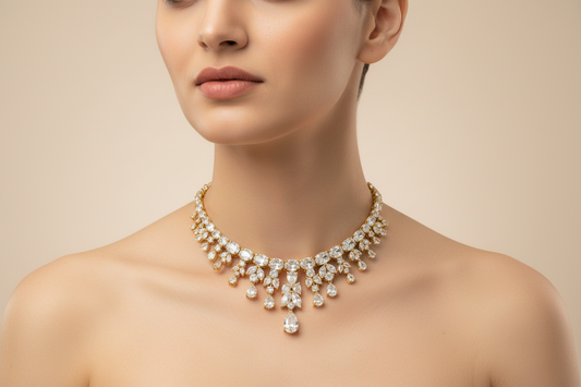 92.5 Silver Gold Plated White Stone Necklace for Women | Stylish Elegant Design | Premium Jewellery