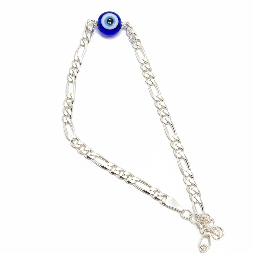 925 Silver Evileye Figaro Bracelet - 8 Inch