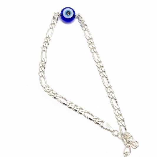 925 Silver Evileye Figaro Bracelet - 8 Inch