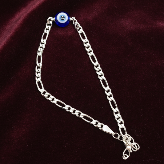 925 Silver Evileye Figaro Bracelet - 8 Inch