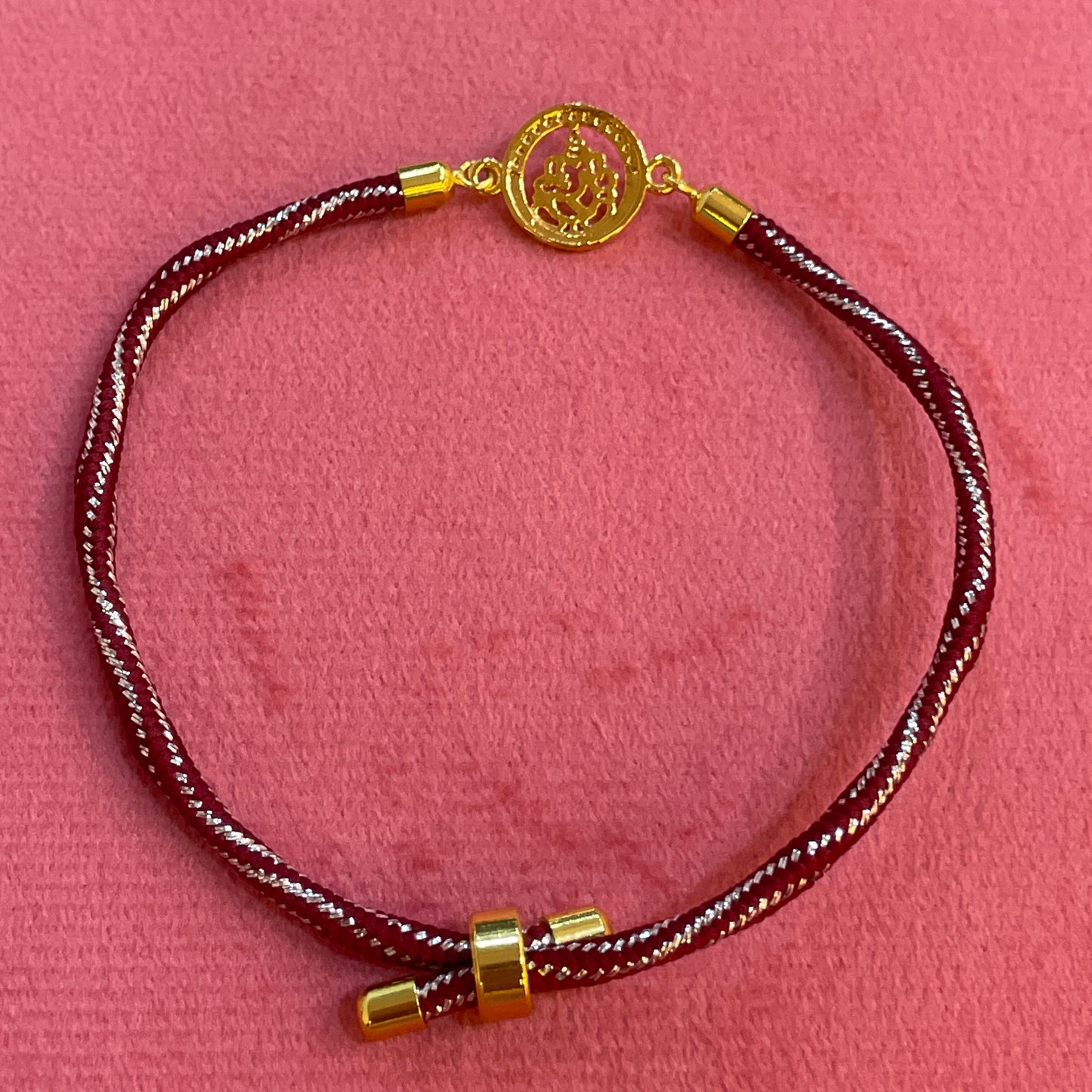 925 Silver Ganesha Rakhi for Brother | Gold Plated CZ Halo Circular Charm on Maroon Thread