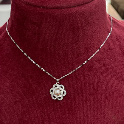 92.5 Silver White CZ Pearl Floral Pendant Chain for Women