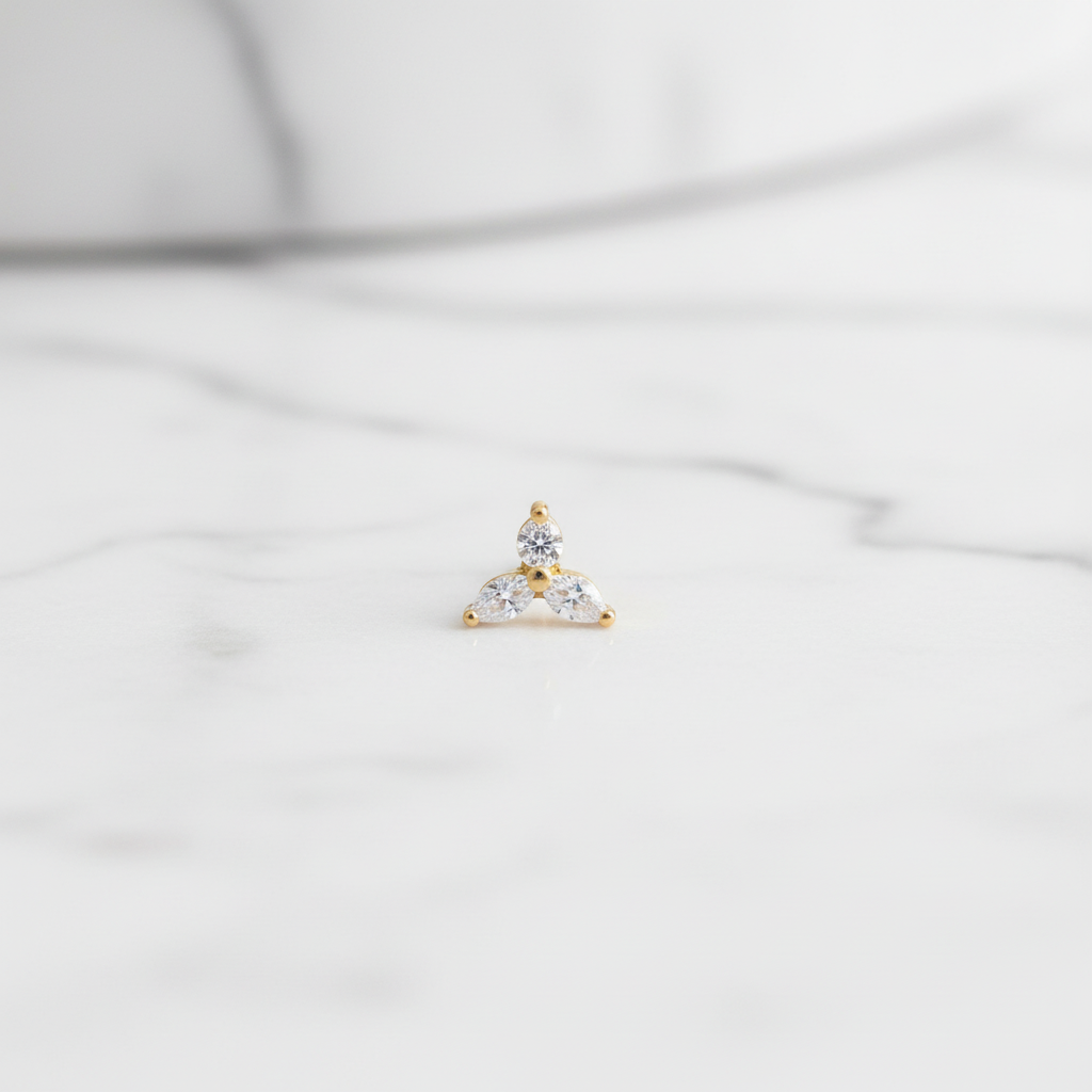 92.5 Sterling Silver Gold Plated CZ Trinity Nose Pin