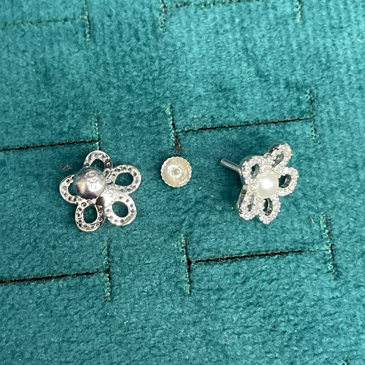 92.5 Sterling Silver Pave White CZ Open Five-Petal Flower & Pearl Centre Stud Earrings for Women