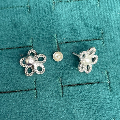 92.5 Sterling Silver Pave White CZ Open Five-Petal Flower & Pearl Centre Stud Earrings for Women