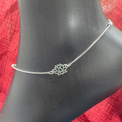 92.5 Sterling Silver Anklet for Women | Lotus Charm Box Chain with Ball Accents