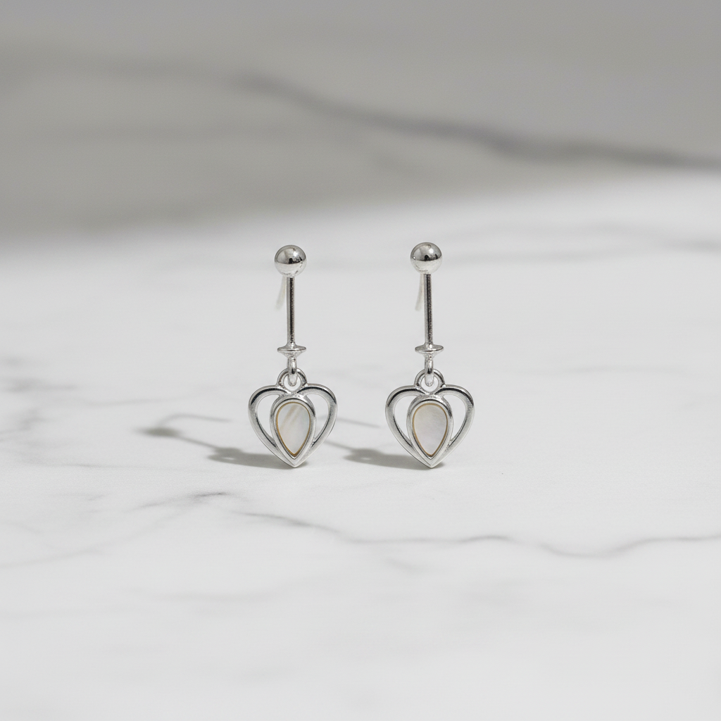 92.5 Sterling Silver Open Heart Bugadi for Women | Pear Mother-of-Pearl Centre Heart Charm | Helix Earring Pair