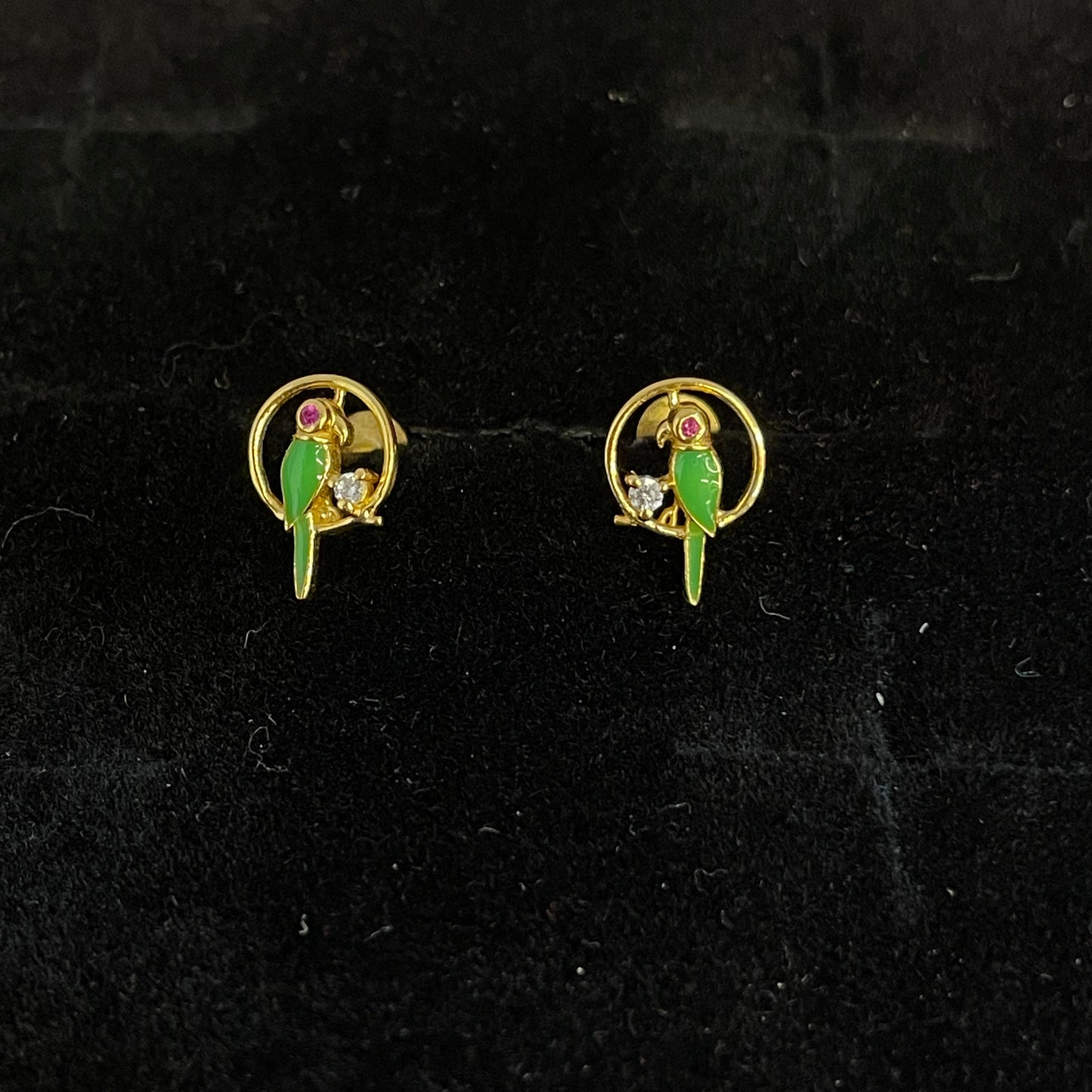 Gold Plated 92.5 Sterling Silver Green Enamel Parrot Stud Earrings for Women | CZ & Ruby Pink CZ Parrot in Circle Frame