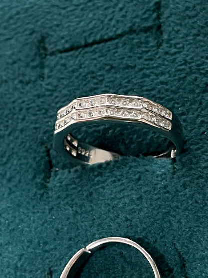 92.5 Silver Geometric Double Row Stone Couple Rings | Adjustable Band
