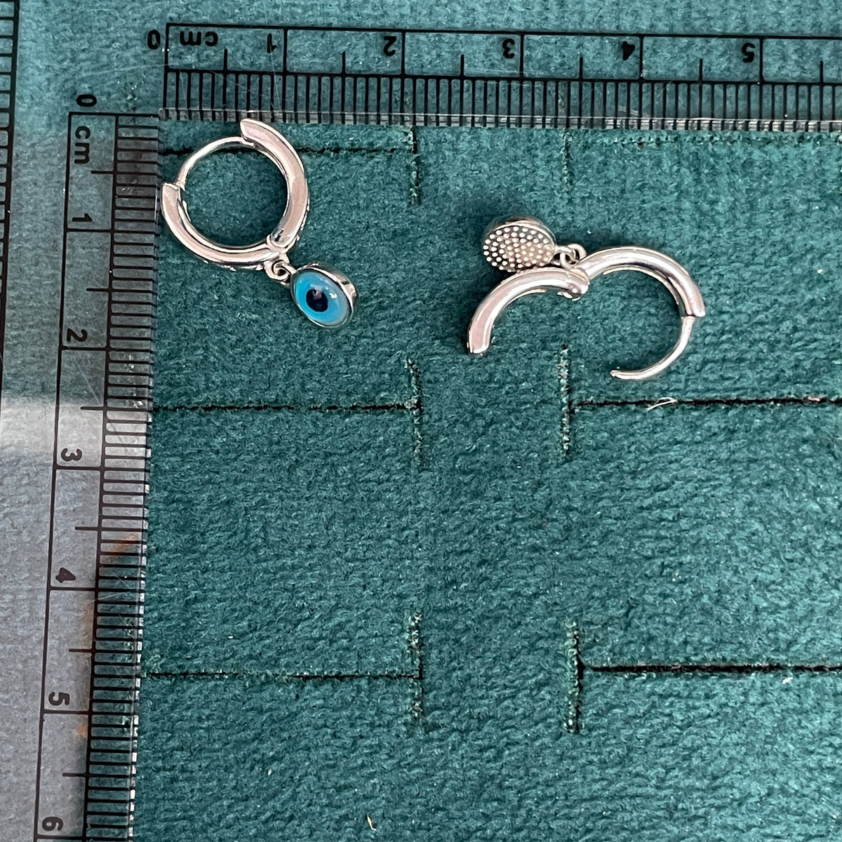 92.5 Sterling Silver Bali Earrings for Women | Heart Pattern Hoop with Evil Eye Charm Drop pair