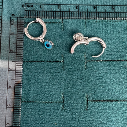 92.5 Sterling Silver Bali Earrings for Women | Heart Pattern Hoop with Evil Eye Charm Drop pair