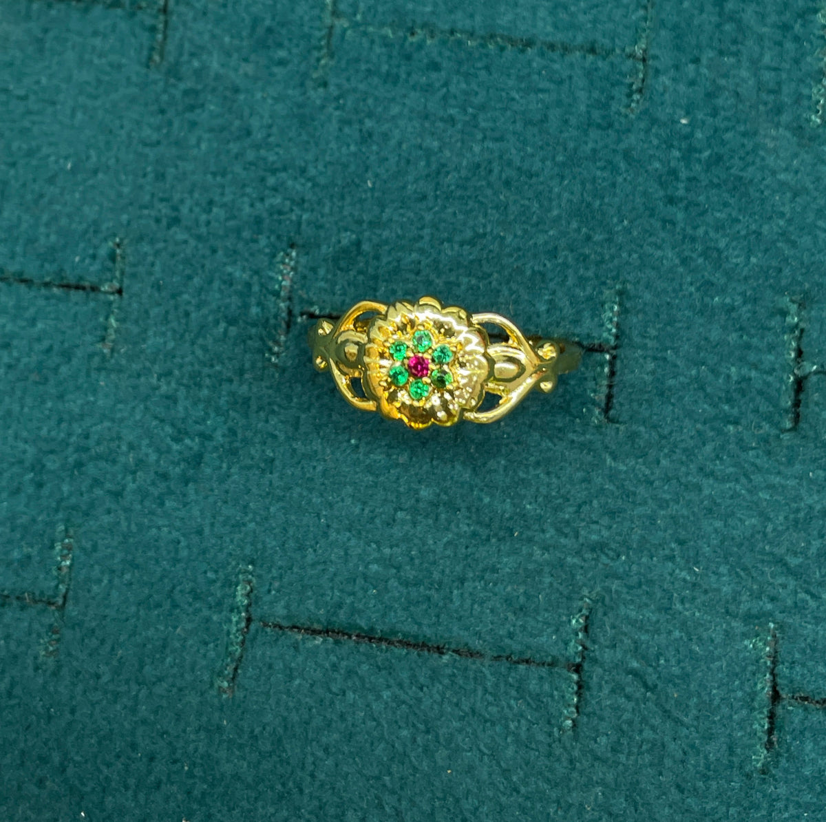 92.5 Silver Gold Plated Green & Pink CZ Floral Ring for Women