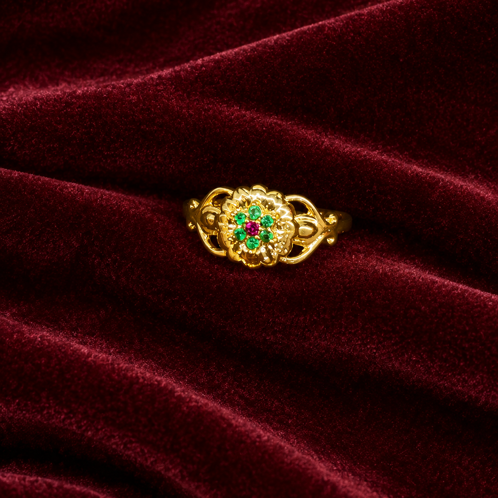92.5 Silver Gold Plated Green & Pink CZ Floral Ring for Women