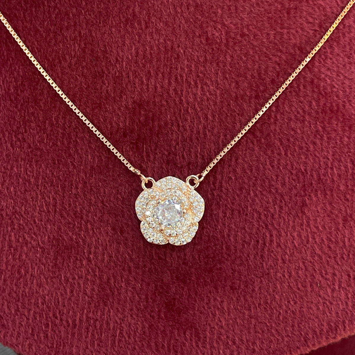 92.5 Silver Rose Gold Plated Pave CZ Rose Flower Pendant Necklace for Women