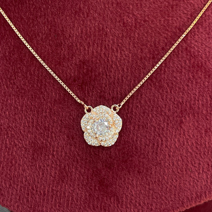 92.5 Silver Rose Gold Plated Pave CZ Rose Flower Pendant Necklace for Women