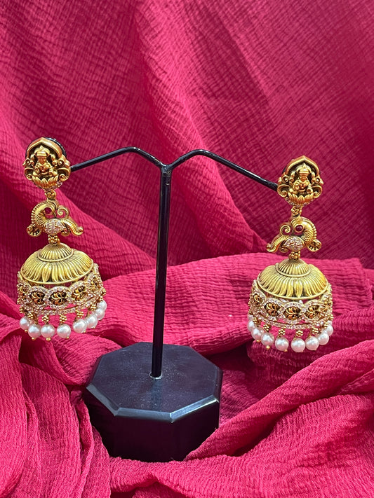 92.5 Silver Gold Plated Lakshmi Devi Earrings for Women | Divine Temple Design | Elegant Traditional Jewellery