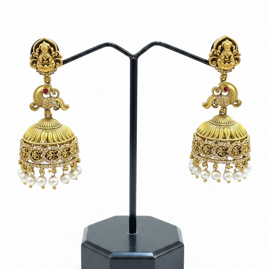 92.5 Silver Gold Plated Lakshmi Devi Earrings for Women | Divine Temple Design | Elegant Traditional Jewellery pair