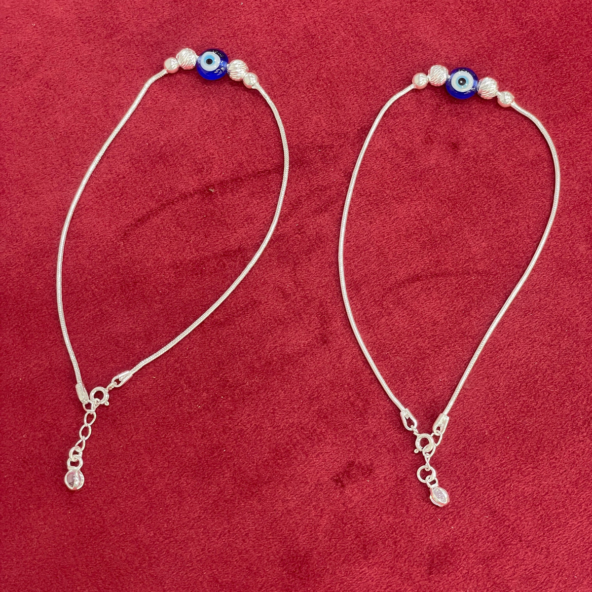 92.5 Sterling Silver Snake Chain Evil Eye Bead & Silver Ball Anklets for Women