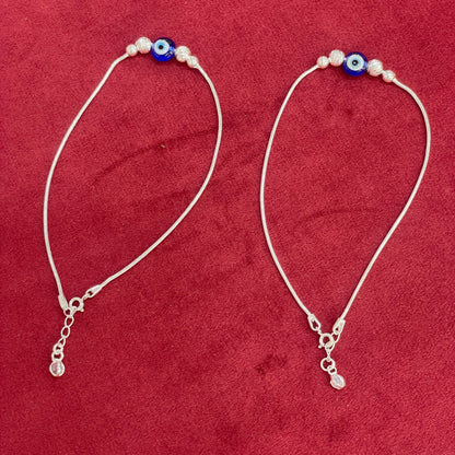 92.5 Sterling Silver Snake Chain Evil Eye Bead & Silver Ball Anklets for Women