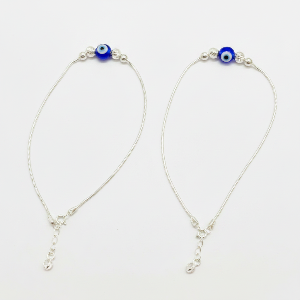 92.5 Sterling Silver Snake Chain Evil Eye Bead & Silver Ball Anklets for Women
